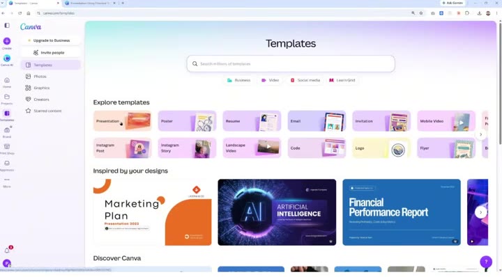 เมนู Template Presentation ใน Canva AI